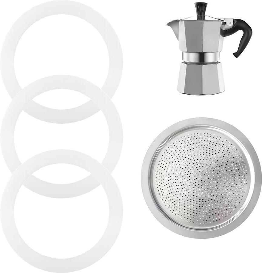 3 stuks Italiaanse koffiemachine + 1 aluminium filter compatibel met 6 kopjes siliconen afdichting voor levensmiddelen en reservefilter accessoires voor koffiemachines mokka