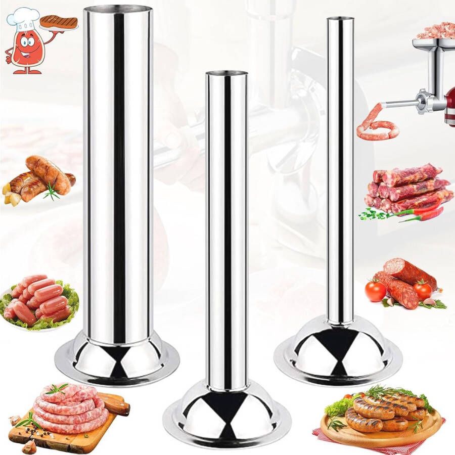 3-Stuks Roestvrij Staal Worstvulapparaat met Trechter en Vulbuizen voor Vleesmolen