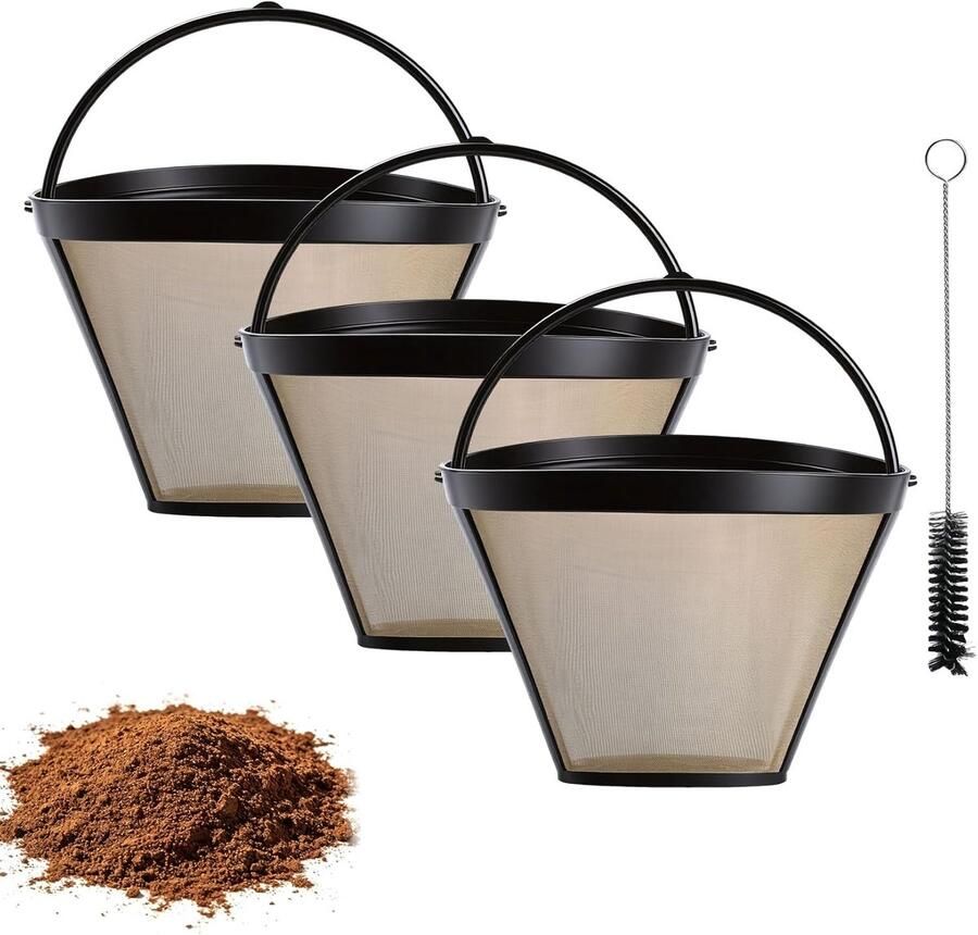 3 stuks roestvrijstalen koffiefilters herbruikbaar permanent koffiefilter gaasmand koffie permanent filter voor koffiefiltermand voor Goldtone-filter 8-12 koppen koffiezetapparaten met 1 borstel