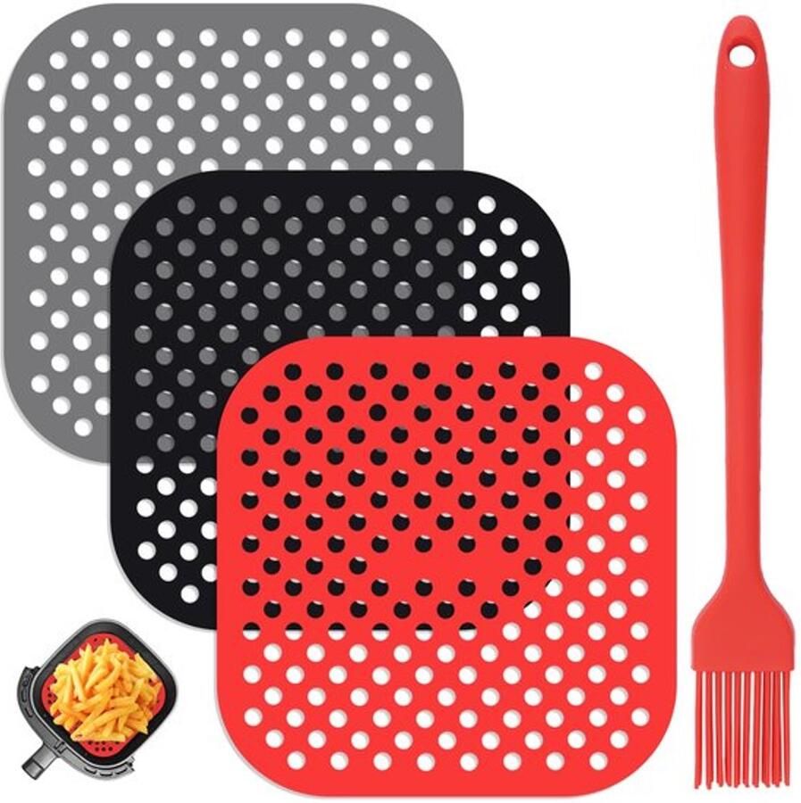 3 Stuks Siliconen Air Fryer Pads Air Fryer Liners Vierkante Siliconen Matten voor Air Fryer Antiaanbak Coating Herbruikbare Siliconen Air Fryer Accessoire met Kwasten voor Keuken