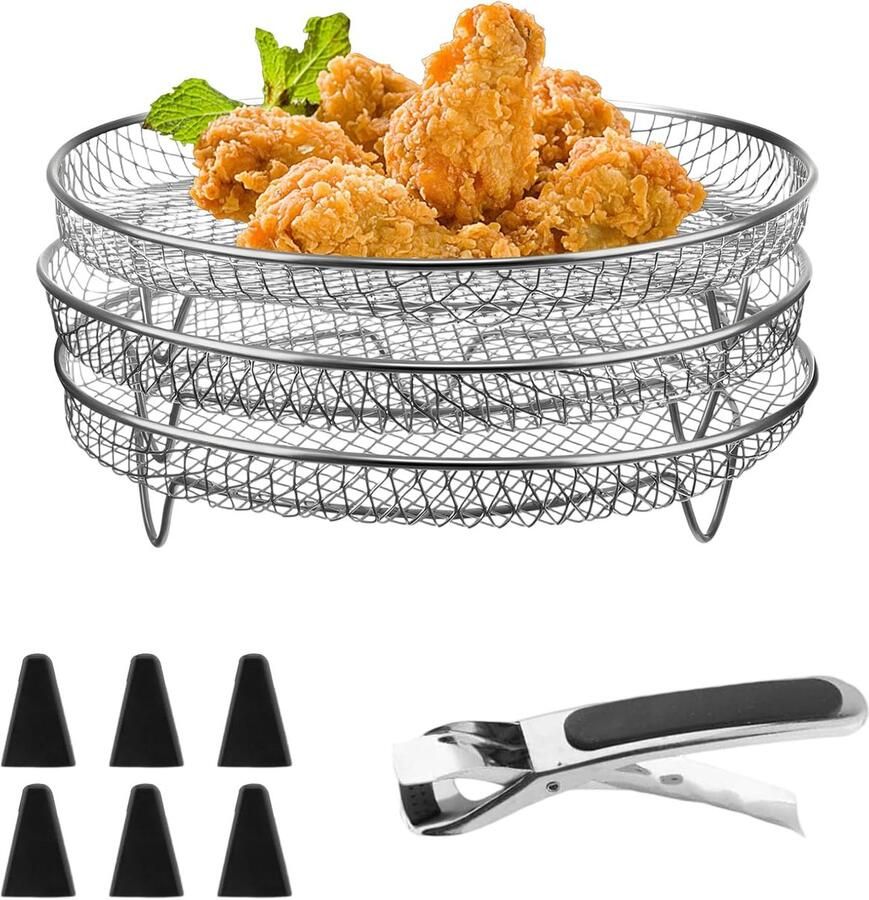 3 stuks stapelbare manden voor airfryer manden voor heteluchtfriteuse roestvrij staal heteluchtfriteuse rooster diameter 20 cm met siliconen voetjes en anti-verbrandingsclips voor bakken
