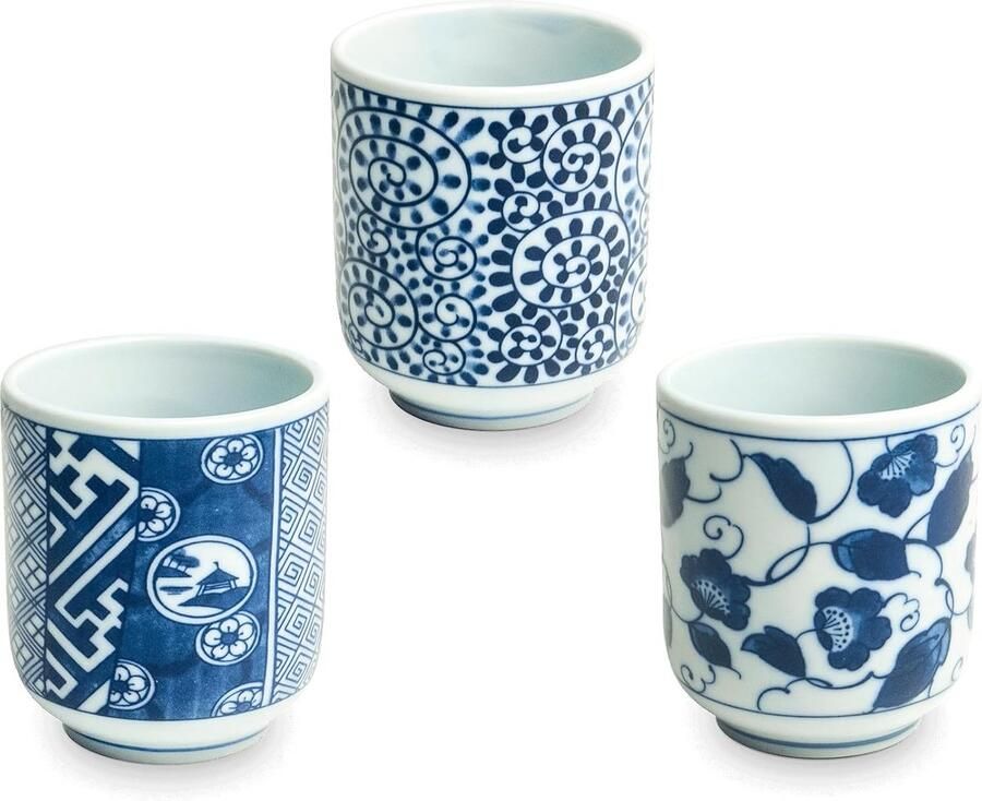 3 stuks Theekopjes Set Edo japan Japanse theekopjes Theeglazen set Theekopjes blauw en wit Theeglazen Koffieglazen Koffiekopjes Drinkbeker Theeset Theeservies Japans servies