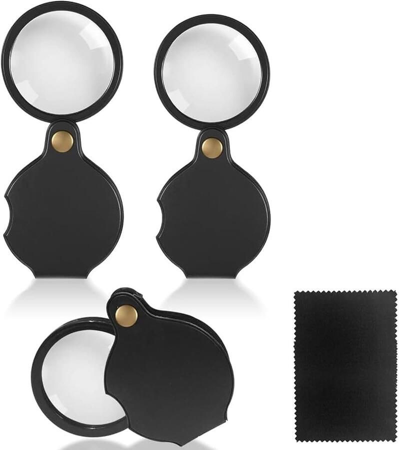 3 stuks vergrootglas klein met reinigingsdoek 3 maten inklapbaar zakloep juweliersloep 10 x vergrootglas voor lezen boeken kranten landkaarten sieraden repareren knutselen (zwart 1)