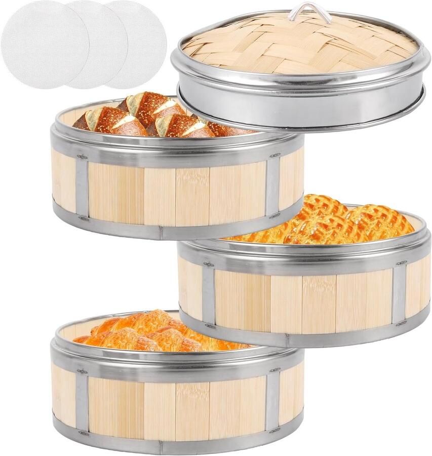 3-Tier Bamboestomer met Deksel en RVS Ideaal voor Dumplings Groenten en Dim Sum Diameter 20 cm Perfect voor Gezond Koken en Stomen