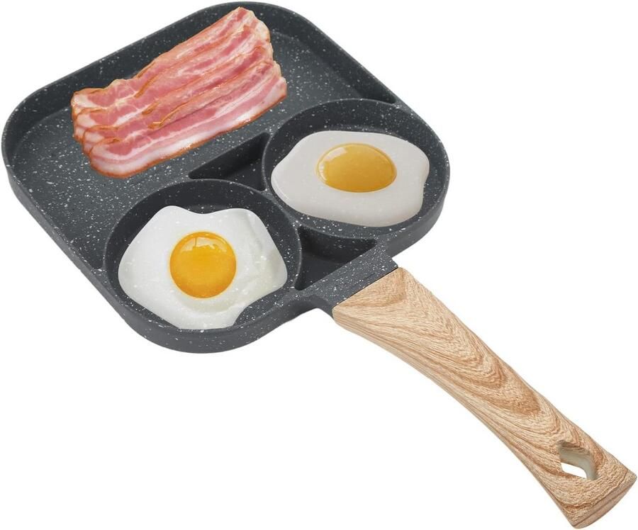 3-Vaks Koekenpan voor Burgers Eieren en Pannenkoeken Antiaanbak & Inductie Geschikt