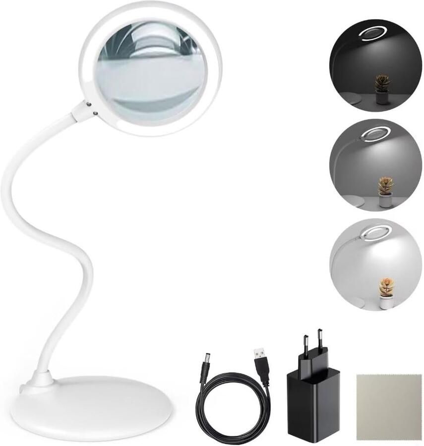 3-voudige loep met licht en standaard Handvrije aanraak-dimbare loep met LED-licht voor werk lezen hobby's naaien knutselen (wit)