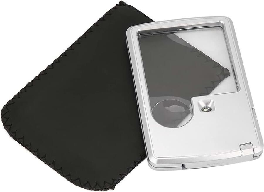 3 x 6 x vergrootglas acryl voor creditcards met lens en LED-zakloep met lederen etui