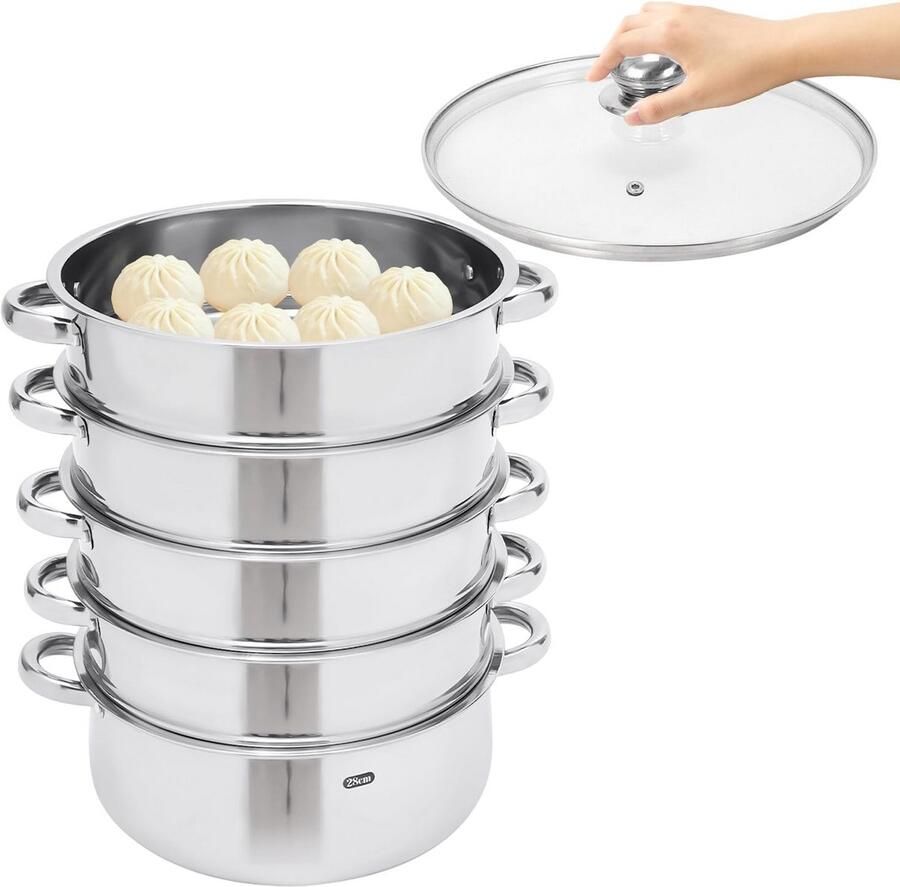 30 cm 5-laags roestvrijstalen stoompan 4-traps multifunctionele stoomkoker met afneembare glazen deksel grote inhoud voor stomen en koken