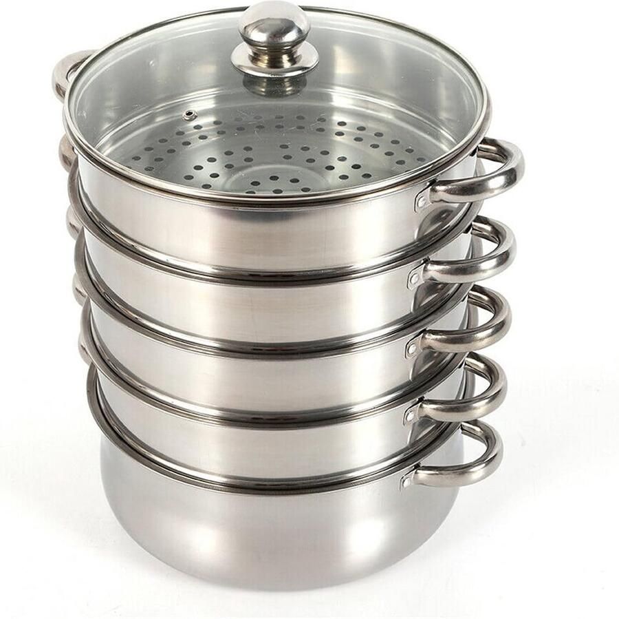30 cm 5-laags Stoompan Roestvrij Staal met Glazen Deksel Geschikt voor Gas en Elektrisch