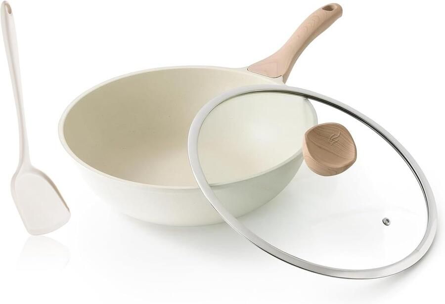 Wokpan met Deksel Roerbakpan Diep Gezond Koken Antiaanbaklaag PFOA-Vrij 30 cm Crèmewit