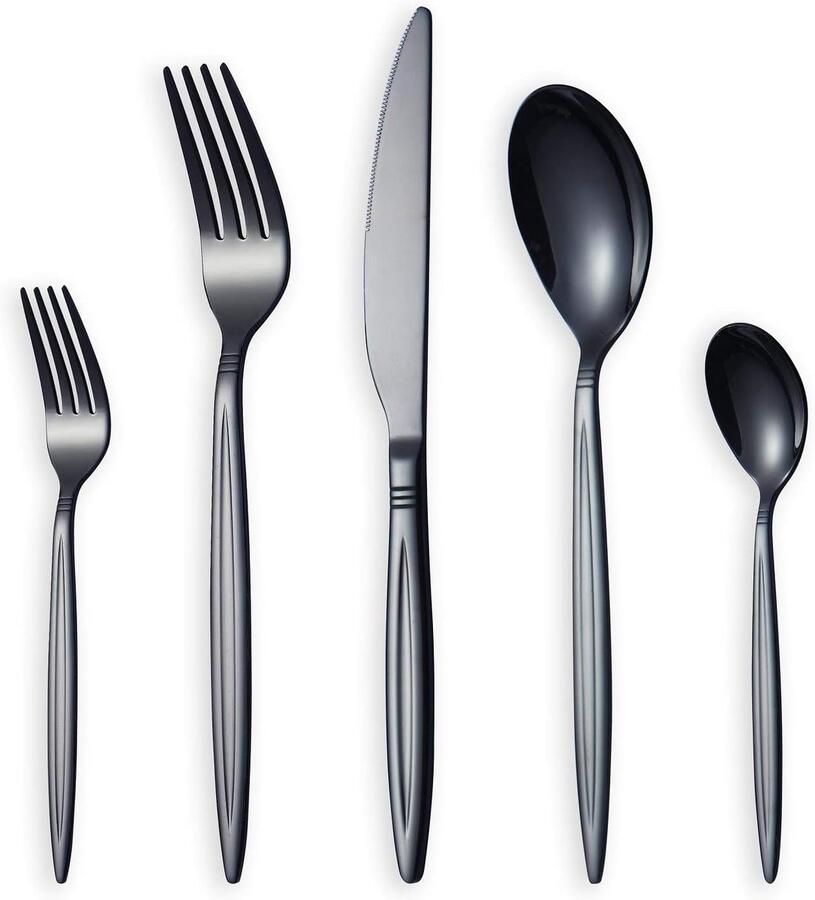 30-Delige Glanzend Zwarte Bestekset RVS voor 6 Personen Titanium Look