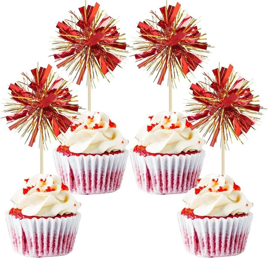 30 Folienfeuerwerk-Cupcake- Glitter Tinsel-Kuchen- Tinselnke-Kuchen-Dekoration Cocktail Specerijen voor Bruiloft en High School Party Accessoires Goudrood