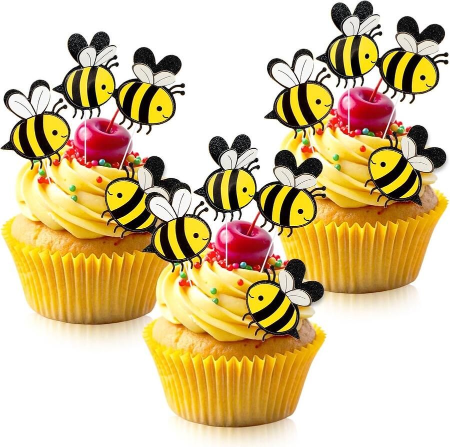 30 stuks Bijentaarttoppers dubbele laag bijentaarttoppers kleine bijenkaart taartdecoraties hommelfiguurtje cupcake-picks voor bijenthema feest bruiloften vieringen of verjaardagsdecoraties