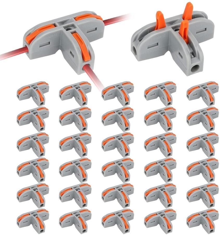30 stuks compacte draadgeleiderverbinders T-connectoren hefboommoer-draadverbinder elektrische doorgangsverbinders 3-polig voor AWG 28-12 massieve draaddraad