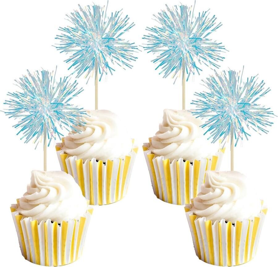 30 stuks Folienfeuerwerk-Cupcake- Lametta-Kuchen- tinnk-Kuchen-Dekorationen en cocktailers voor verjaardag bruiloft en Abschlussfeierbedarf laserblauw