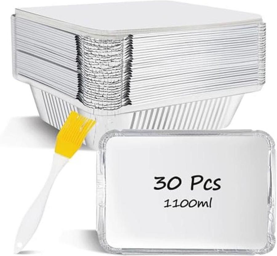30 Stuks Herbruikbare Aluminium Grillschalen met Deksel en Borstel 1100 ml Ideaal voor Bakken en Grillen