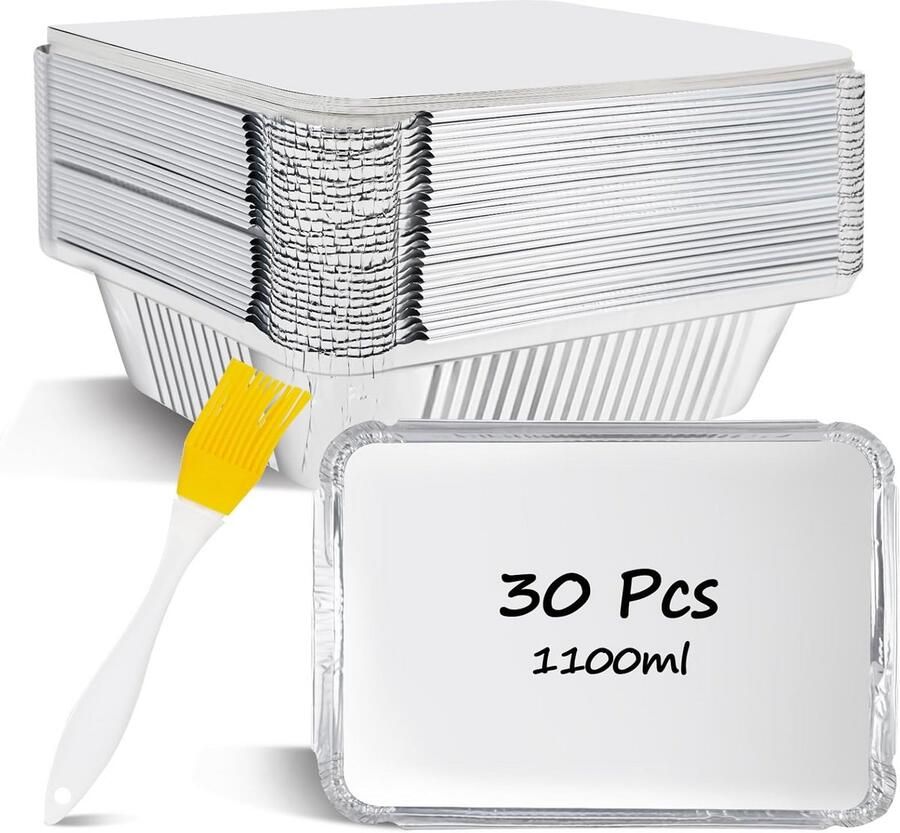 30 Stuks Herbruikbare Aluminium Grillschalen met Deksel en Borstel 1100 ml Ideaal voor Bakken en Grillen