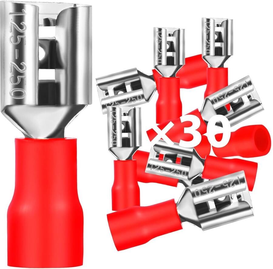 30 stuks platte stekkerhulzen 0 5-1 5 mm² steekbreedte 6 35 mm PVC platte stekker gedeeltelijk geïsoleerd kabelschoen FDD-kabelconnector van vertind koper