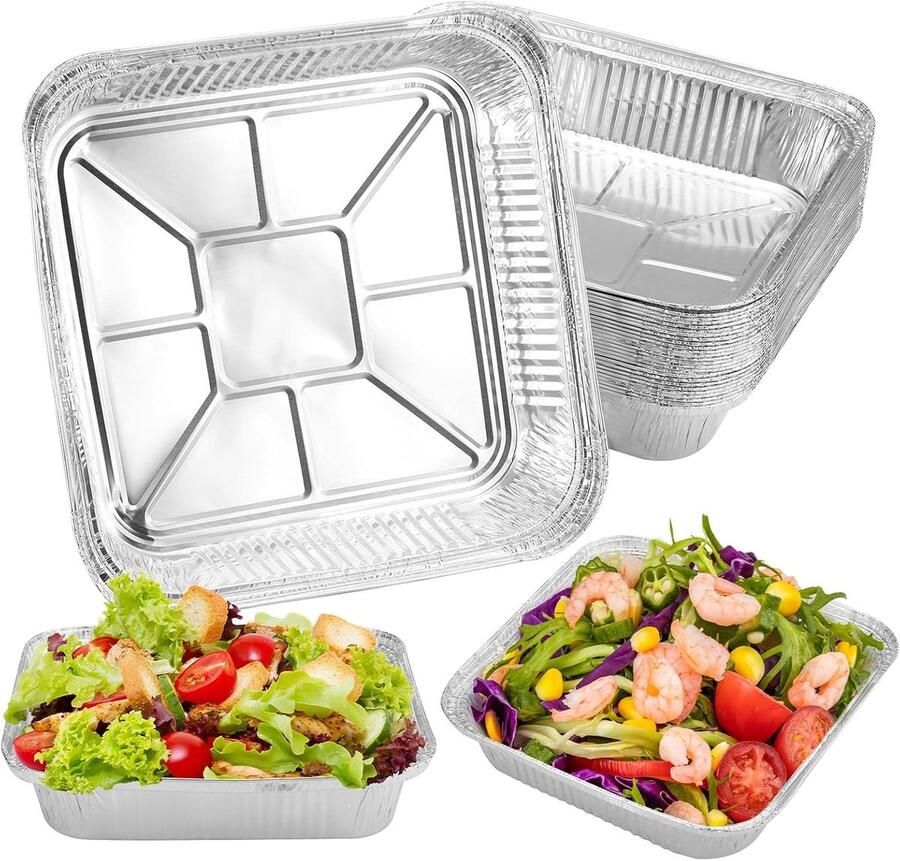 30 Stuks Vierkante Aluminium Schalen met Doos 1200ml Bakplaten voor Airfryer Vriezen en Koken (21 x 21 x 4.5 cm)
