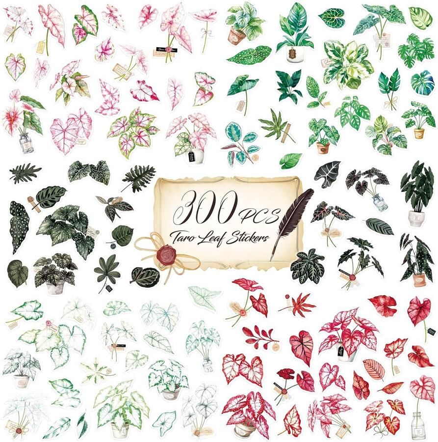 300 stuks PVC tarobladstickers zelfklevende PVC groenstickers natuur plantenstickers voor plakboek laptop dagboek doe-het-zelf project lentethema feestdecoraties
