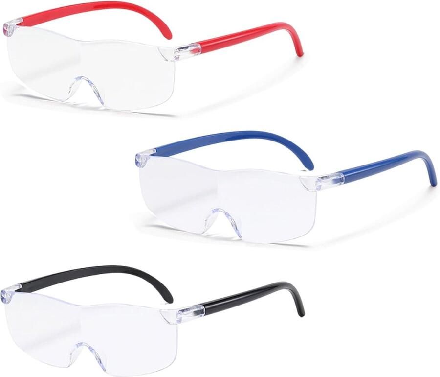300% Vergrootbril 3-delig (zwart rood blauw) Anti-blauw licht draagbaar voor lezen dichtbij werken borduren en vrije tijd Handsfree comfort voor brildragers