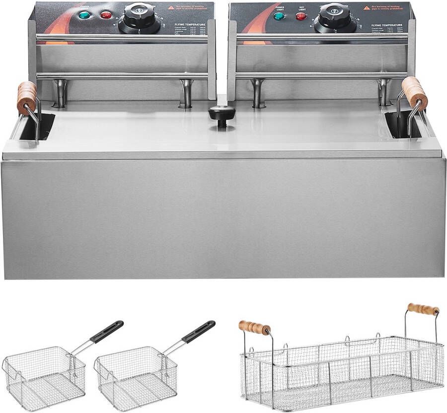 3000W Elektrische Kalkoenfriteuse 12l Roestvrijstalen Friteuse met 3 Uitneembare Manden Instelbaar Van 60-200°C voor Keuken Restaurant Café Bar Zilver