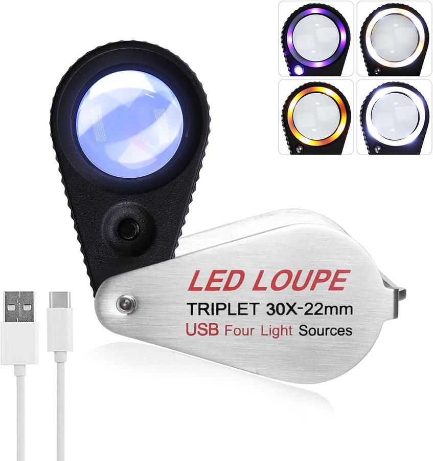 30x Triplet 22mm LED Juweliersloep met 4 Lichtmodi (UV Warm Natuurlijk Wit) Opvouwbaar Metalen Ontwerp & Optische Glaslens voor Inspectie van Edelstenen Munten