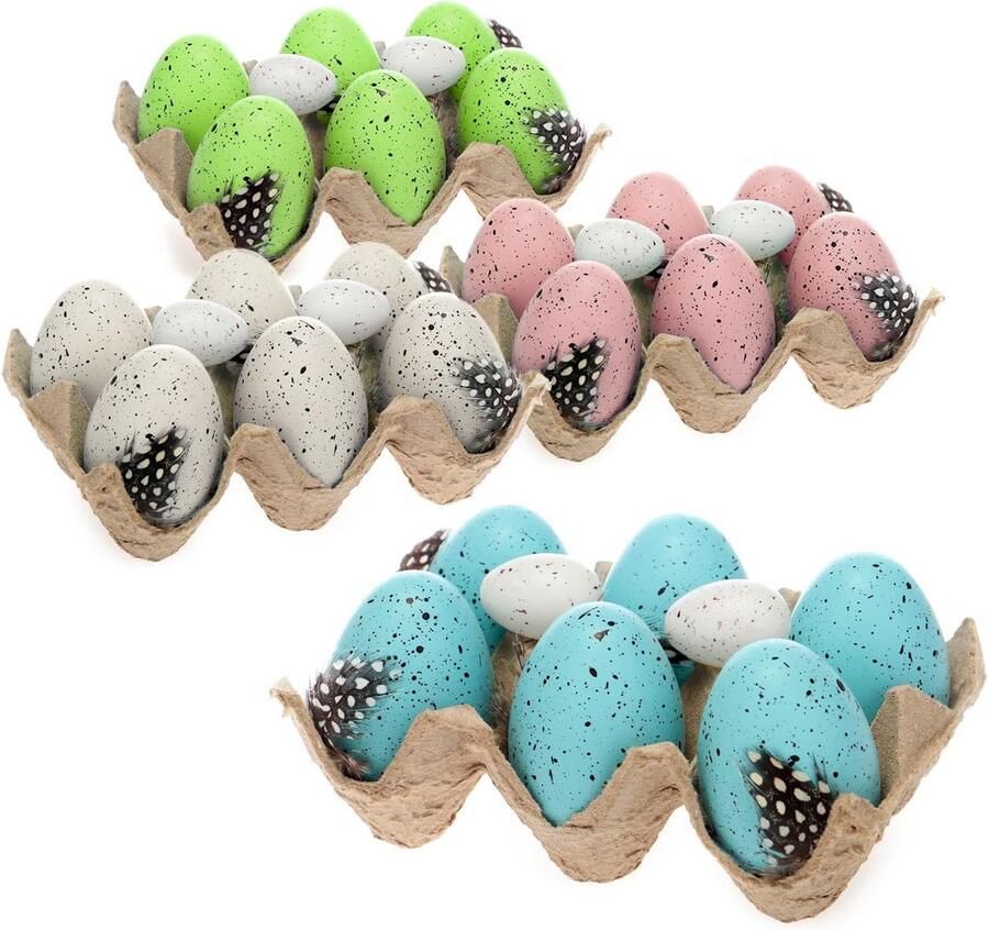 32 Stuks Decoratieve Paaseieren met Veren in Eierdoos Kwartelei Patroon