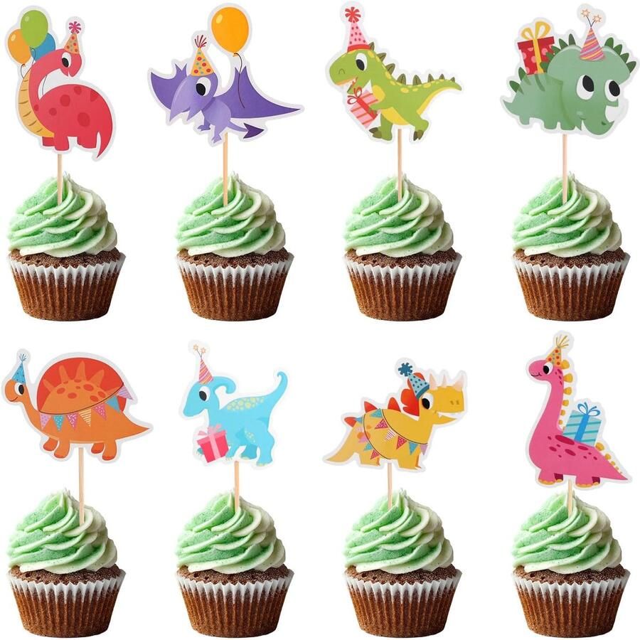 32 Stuks Dinosaurus Cupcake Toppers Schattige Dinosaurus Cupcake Prikkers met Verschillende Stijlen Dino Taartdecoraties voor Kinderfeestjes Babyshowers en Andere Benodigdheden