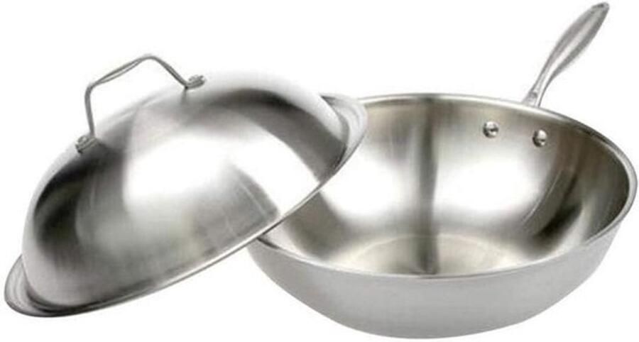 32cm Non-Stick RVS Wok met RVS deksel Geschikt voor Alle kookplaten Inclusief Inductie Handgrepen