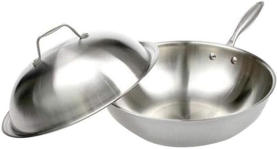 32cm Non-Stick RVS Wok met RVS deksel Geschikt voor Alle kookplaten Inclusief Inductie Handgrepen