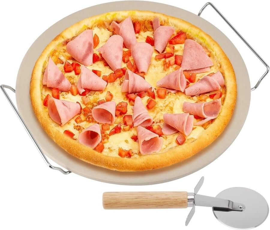 33 cm Pizza Steen met Metalen Stand en Pizzasnijder Ideaal voor Brood en Pizza Bakken in de Oven