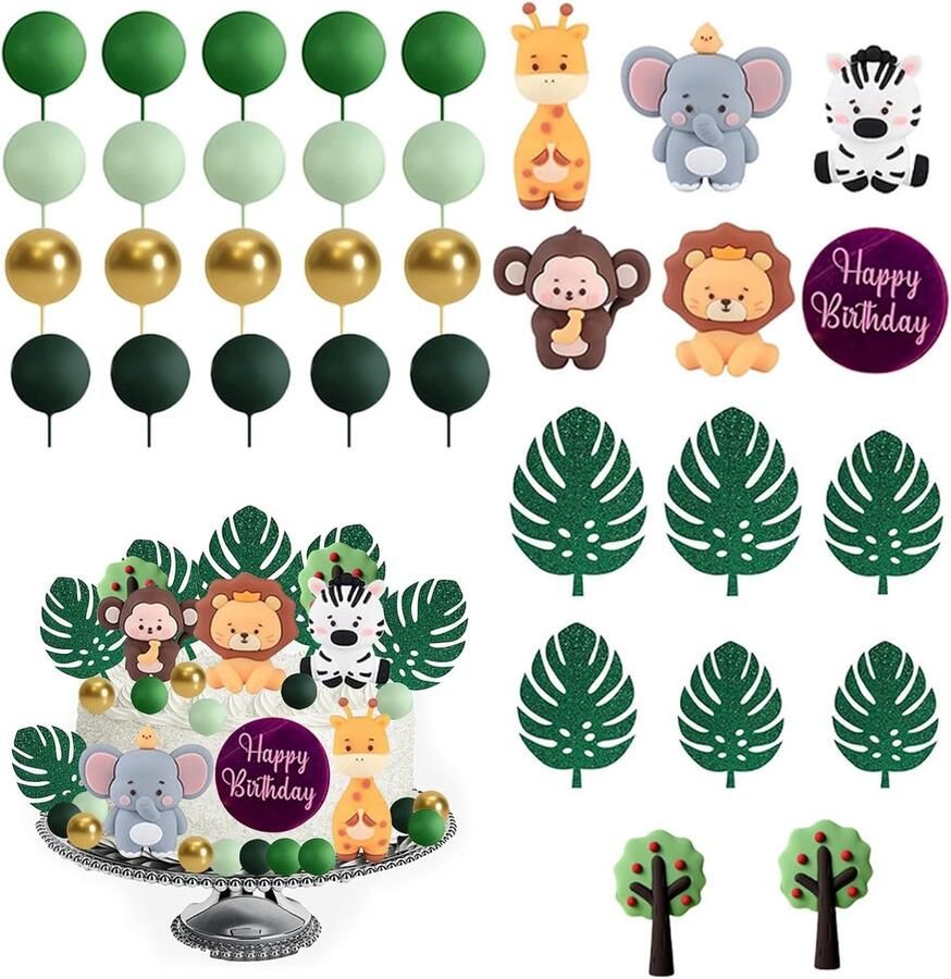 34-delige taartdecoratie voor verjaardag jungle-stijl decoratie ballen en bosdieren voor verjaardagstaart en themafeesten met jungle-thema