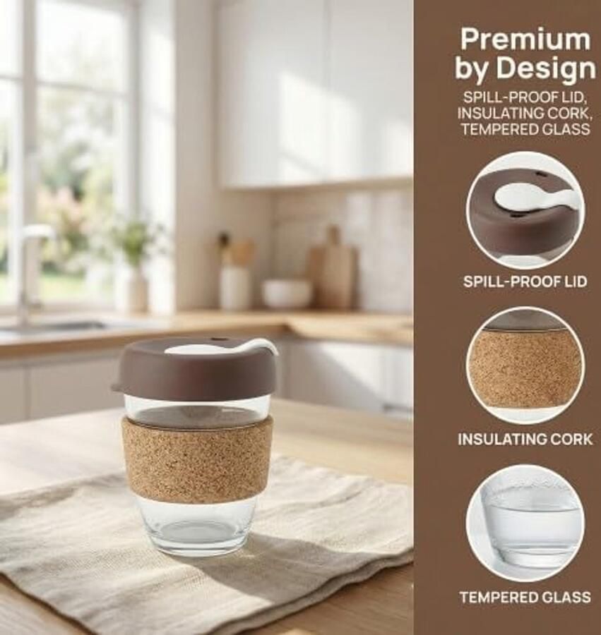 340ml herbruikbare getemperde glazen koffiebeker met kurkband en deksel reisbeker met waterdicht deksel voor op reis thuiskantoor (Wit)