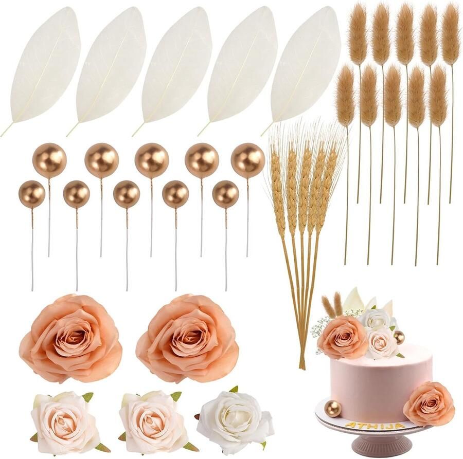 35 Taart Decoratie Goud Ballen Boho Flores Rosas Taartdecoratie Balletjes Kunstmatige Taarttopper Taartprikkers voor Bruiloften Taartdecoraties Verjaardag Cake Decoratie Roze Bloemen Meisje Vrouw