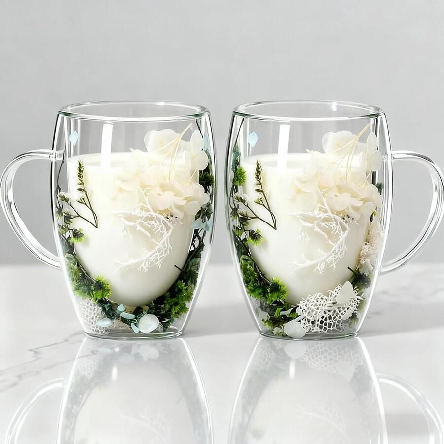 350 ml Dubbelwandige glazen mokken met gedroogde bloemen set van 2 dubbel geïsoleerde koffiemokken met handgrepen drankglazen theekop mokken voor koffie thee melk sap ijs (groene