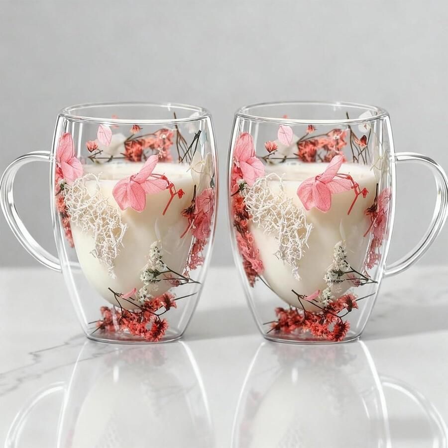 350 ml Dubbelwandige glazen mokken met gedroogde bloemen set van 2 dubbel geïsoleerde koffiemokken met handgrepen drankglazen theekop mokken voor koffie thee melk sap ijs (roze serie