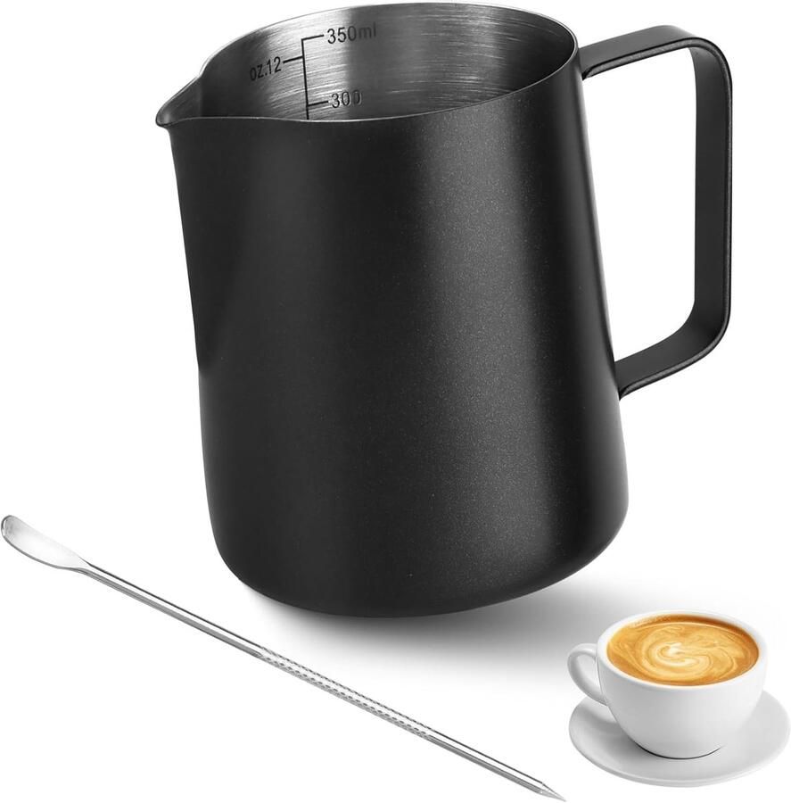 350ml melkkan van roestvrij staal zwart geschikt voor koffie- en melkopschuimers draagbare melkopschuimer met maatverdeling merknaam barista-accessoire geschikt voor espresso cappuccino latte en andere latte art