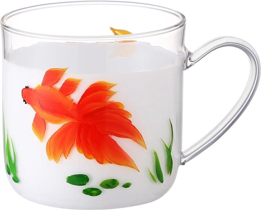 350ml 12oz met de hand beschilderde glazen bekers met handgreep heldere glazen koffiemok theekop voor warme dranken latteglazen 1 pak. (Gouden vis)