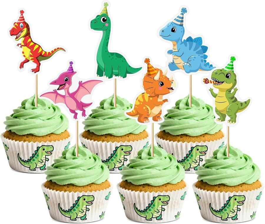36 stuks Cartoon-Dinosaurier-Cupcake-Topper schattige dino-taartpotloden met 6 schattige ontwerpen Dinosaurier-Geburtstagsfeier-Dekorationen voor kinderen babyfeest en tafelaccessoires