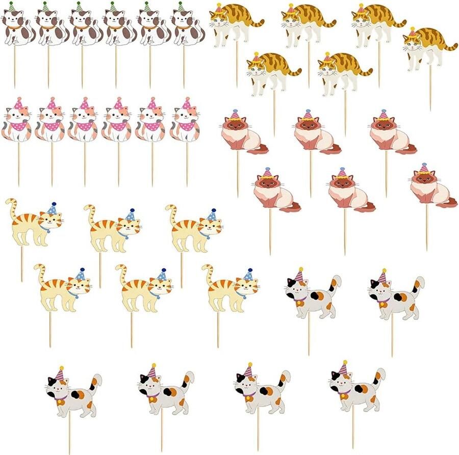 36 stuks kattendecoratie verjaardag schattige kattencupcake-toppers taartdecoratie voor kinderverjaardag huisdierfeestdecoraties taartdecoratie muffinaccessoires voor meisjes en jongens