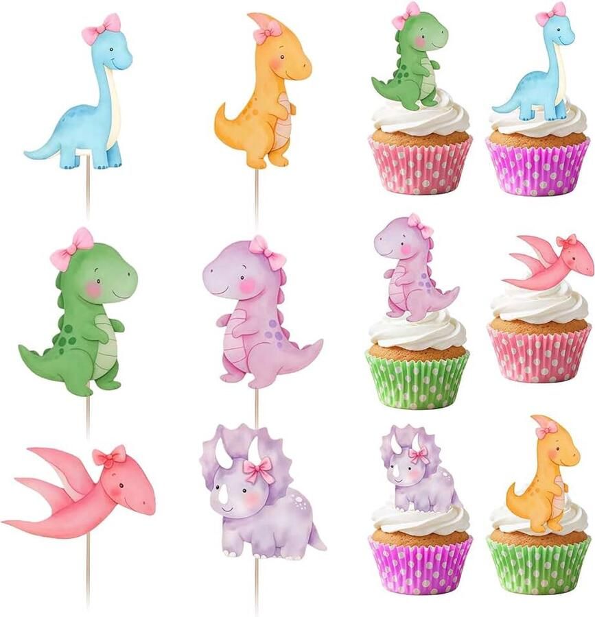 36 stuks roze dinosaurus-muffinversiering – Dino cake topper voor meisjesverjaardag babyborrel en dinothemafeest met T-Rex-ontwerp als feestdecoratie en cadeautjes