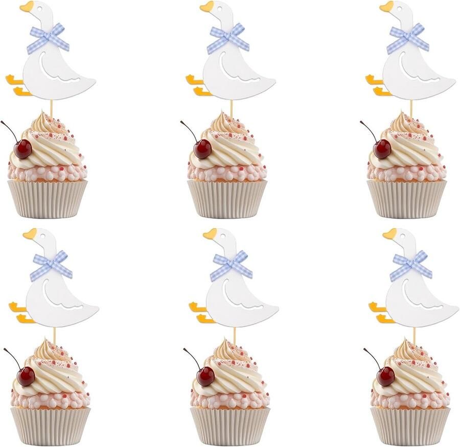36 Stuks Silly Goose Cupcaketoppers 9x8cm Blauwe Gans met Strik Verjaardagstaartdecoraties voor Babyshowers Verjaardagsfeestjes Thema Geslachtsonthulling