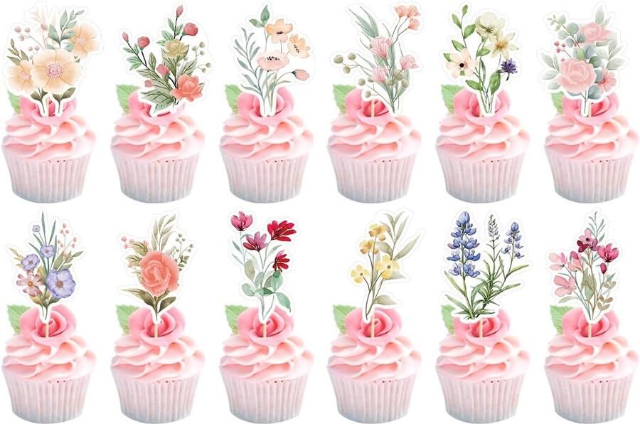 36 stuks wilde bloemen cupcake toppers verjaardagsfeestje babyshower baby in bloei decoratie taart decor bloem taart toppers voor vrouwen bruidsdouche bruiloft feestdecoraties (36 stuks stijl 3)