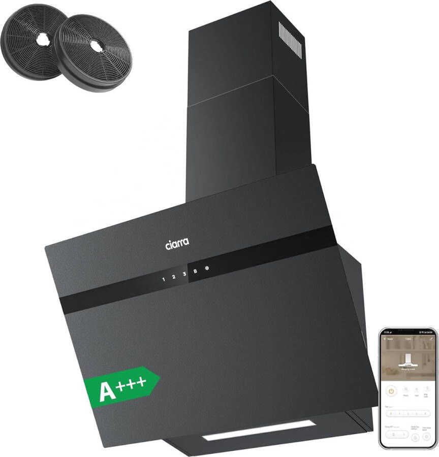 Afzuigkap schuin 60 cm 650 m³ u Energieklasse A++ Koolstoffilter Touch-bediening 3 Snelheden Boost-functie Dimbare Verlichting