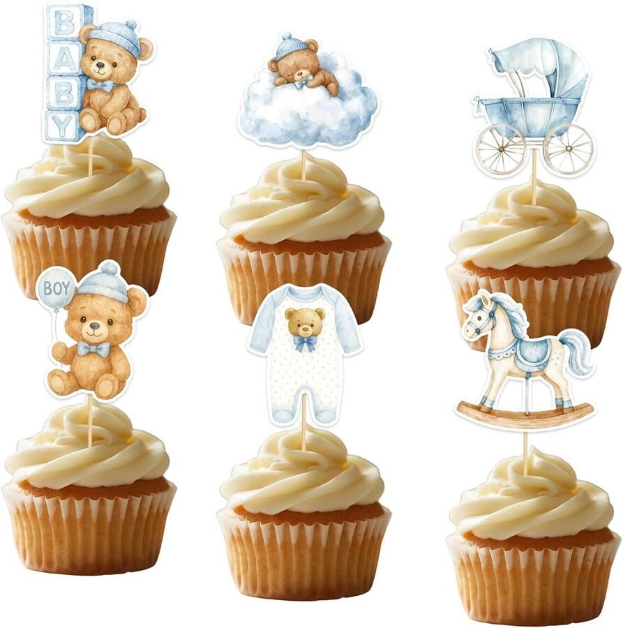 36st Babyjongen Beer Cupcake Toppers 6 Stijlen Babyjongen Cupcake Decoraties met Beer Schommelpaard Wolk Rompertje Kinderwagen Ontwerpelement voor Themafeest Verjaardagsfeestbenodigdheden