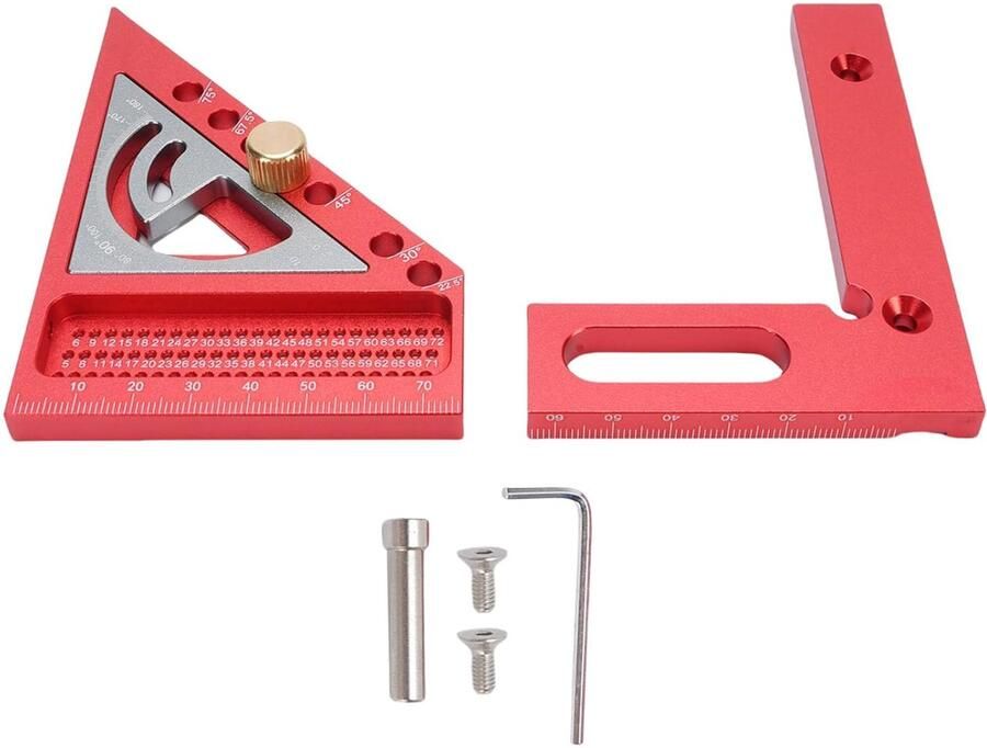 3D multi-hoek meetliniaal aluminium geanodiseerde timmerman voor nauwkeurige houtbewerking markeren en meten voor ingenieurs decorateurs en timmerlieden (Rood en grijs)