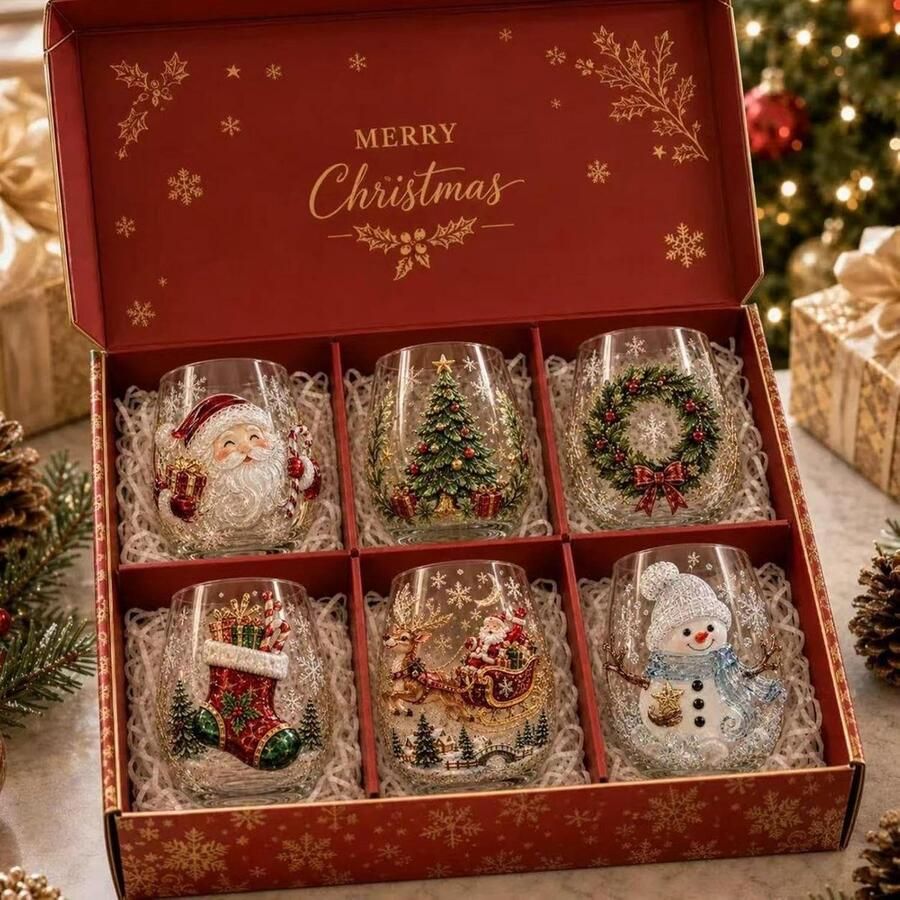 3D wijnglazen collectie geschenkdoos set 6 stuks kerstglazen