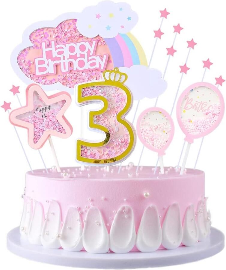 3e verjaardag taartdecoratie meisjes 3e verjaardag taarttopper regenboog wolken Happy Birthday taartdecoratie sterren ballon taarttoppers voor kinderen verjaardag roze