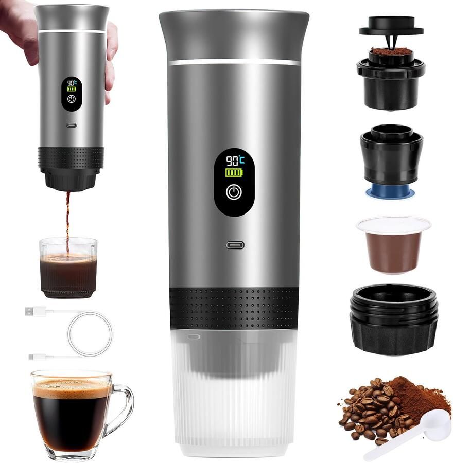 3En1 Portable Coffee Maker Travel Capsule Cafe Makers For Camping Cafe Machine Portable Coffee Capsule Auto Heater For USB-C Temperature Time Display Electric Espresso Machine